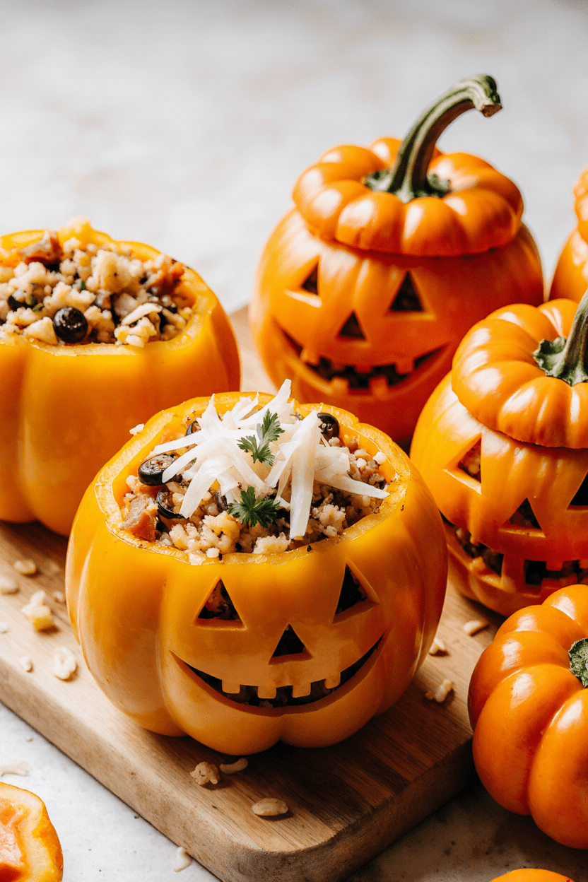 Poivrons farcis d’Halloween sculptés façon jack o’ lantern, dorés au four sur plaque de cuisson et garnis de légumes fondants.