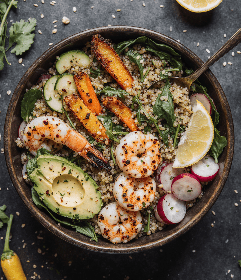Bol de salade quinoa, avocat et crevettes avec roquette et citron sur table en bois.