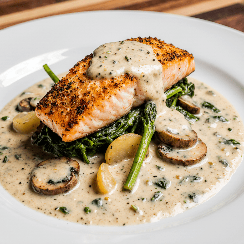 Filets de saumon nappés d’une sauce crémeuse à l’ail, servis avec des épinards et des champignons dans une poêle.