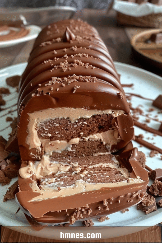 Bûche Kinder Bueno roulée au chocolat avec ganache crémeuse et décoration aux noisettes.