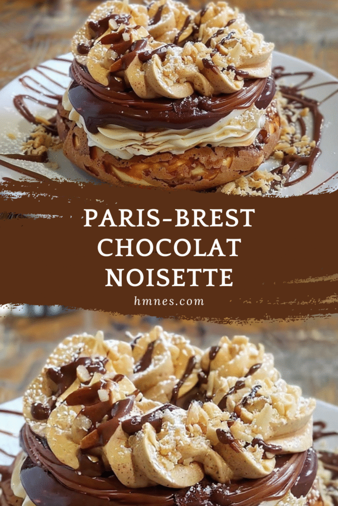 Paris-Brest chocolat noisette maison en couronne, garni de ganache au chocolat noir et noisettes sur plat de dessert élégant.