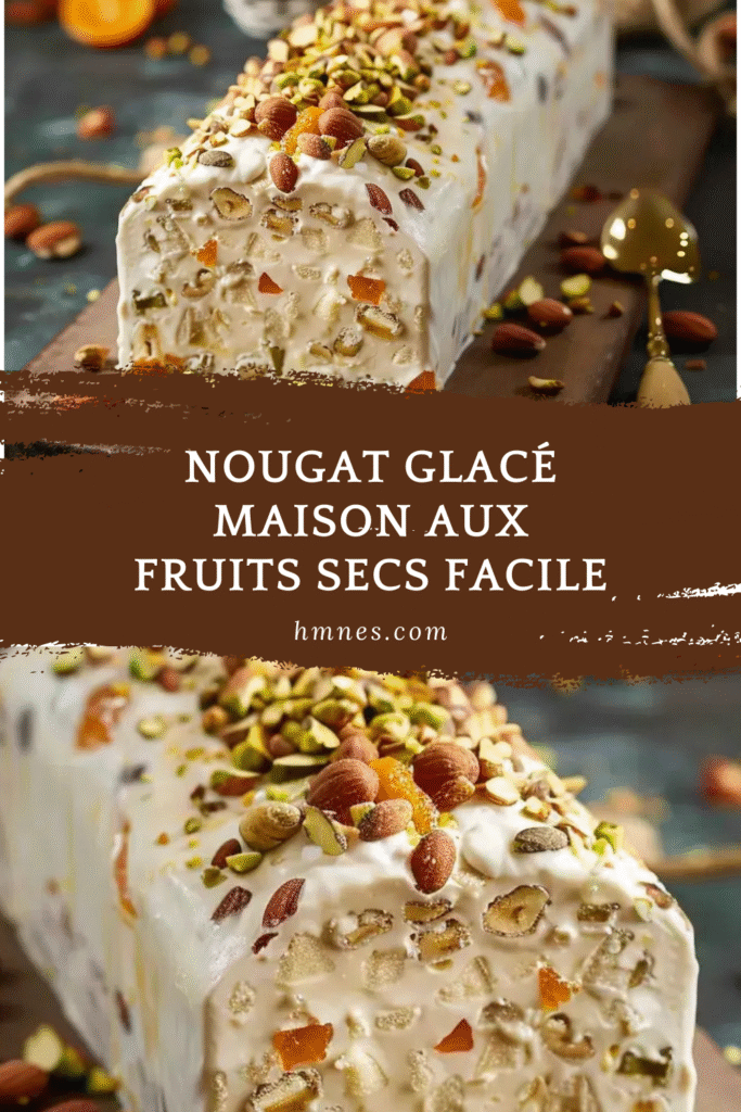 Tranche de nougat glacé maison aux fruits secs, parsemée d’amandes caramélisées, pistaches et abricots, servie avec un coulis de fruits rouges sur une assiette de fête.