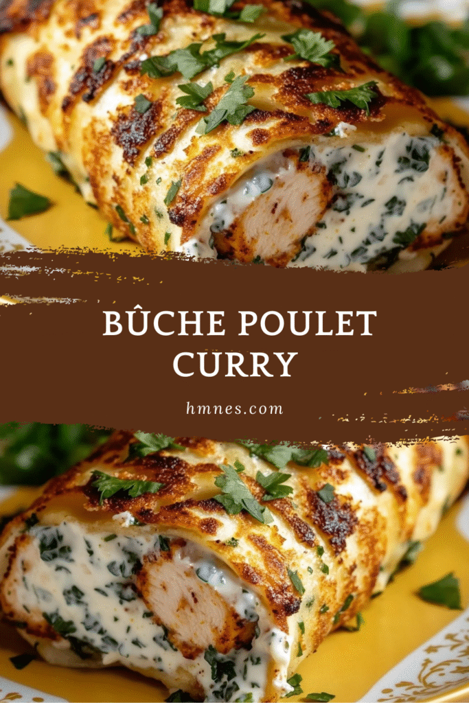 bûche poulet curry salée roulée garnie de poulet au curry et fromage frais sur plat de fête