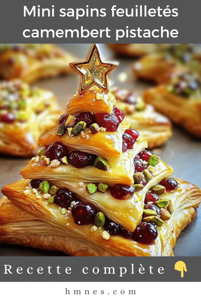 Mini sapins feuilletés dorés garnis de camembert, canneberges et pistaches, présentés sur un plateau en apéritif festif de Noël.