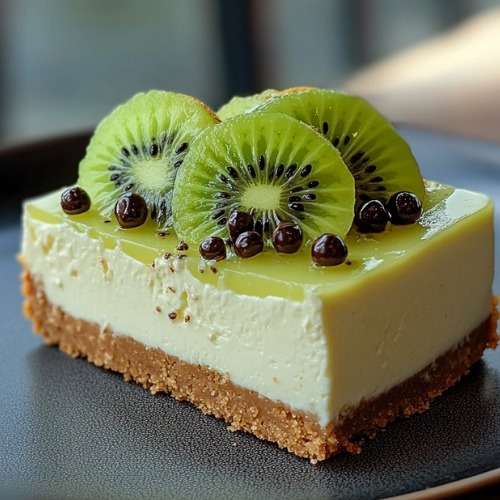 Cheesecake kiwi sans cuisson avec base biscuitée, crème au fromage et tranches de kiwi disposées sur le dessus.