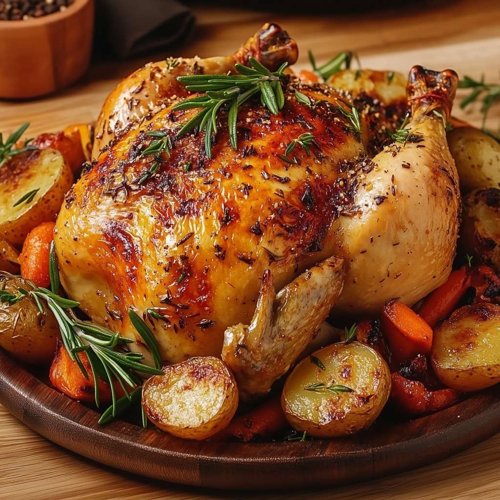 Poulet rôti doré au four entouré de légumes fondants aux herbes.