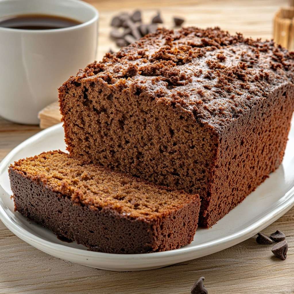 Cake café chocolat moelleux coupé en tranches sur une planche en bois.