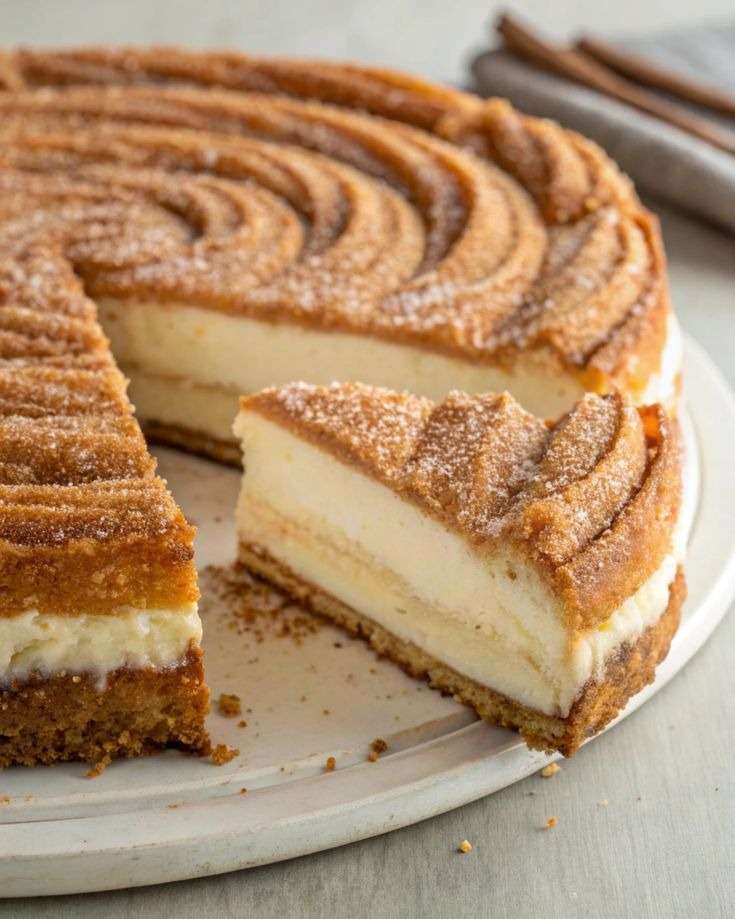 Cheesecake saveur churros avec couche de sucre à la cannelle dorée.