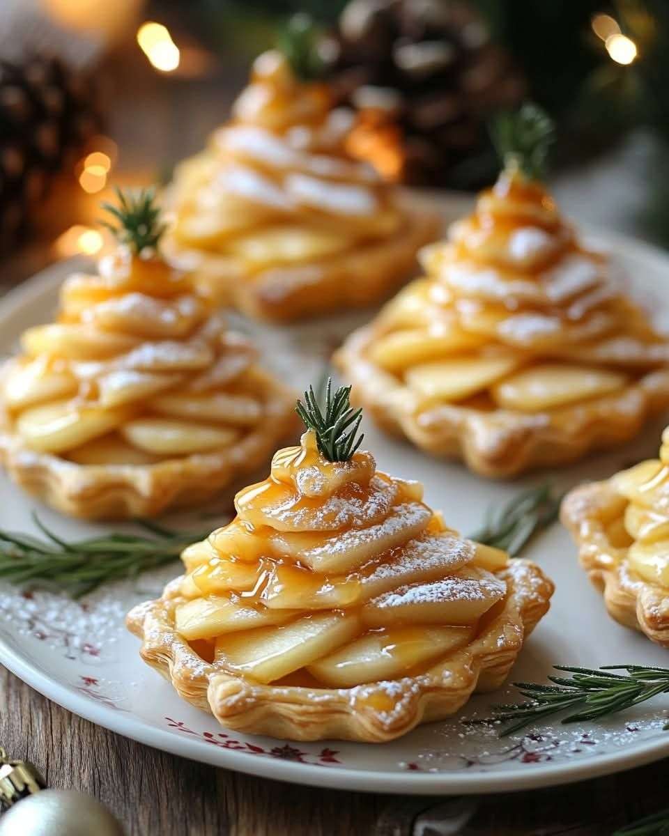 Tartelettes feuilletées de Noël garnies de pommes, brie fondant et caramel sur assiette décorée de romarin.