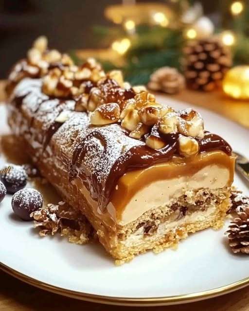 Bûche de Noël roulée au caramel et cacahuètes décorée de chocolat et de sucre glace sur un plat de service.