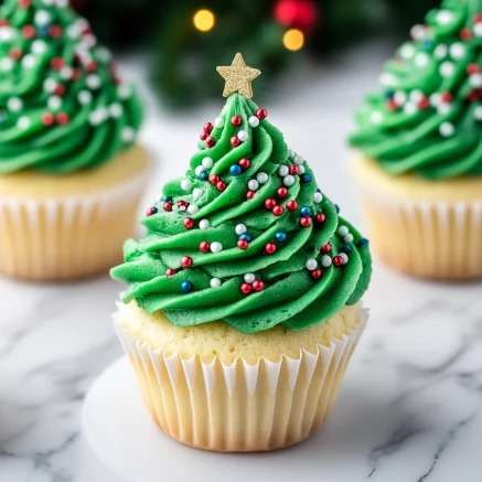 Cupcakes sapin de Noël décorés avec un glaçage vert en forme d’arbre et paillettes festives sur une table de fête.