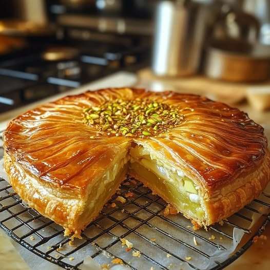 Photo : Galette des Rois dorée à la pistache, découpée, vue de dessus sur un plat, avec crème fondante au centre.