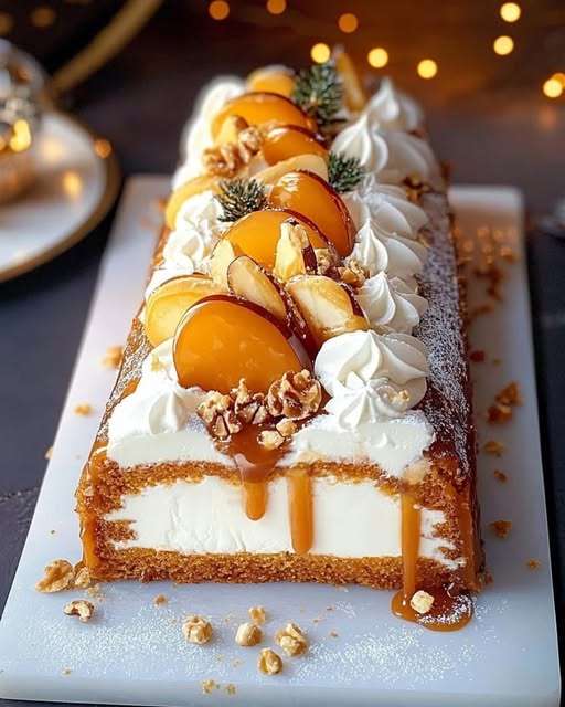 Bûche de Noël roulée au caramel beurre salé, pommes caramélisées et spéculoos, décorée et servie sur plat festif.