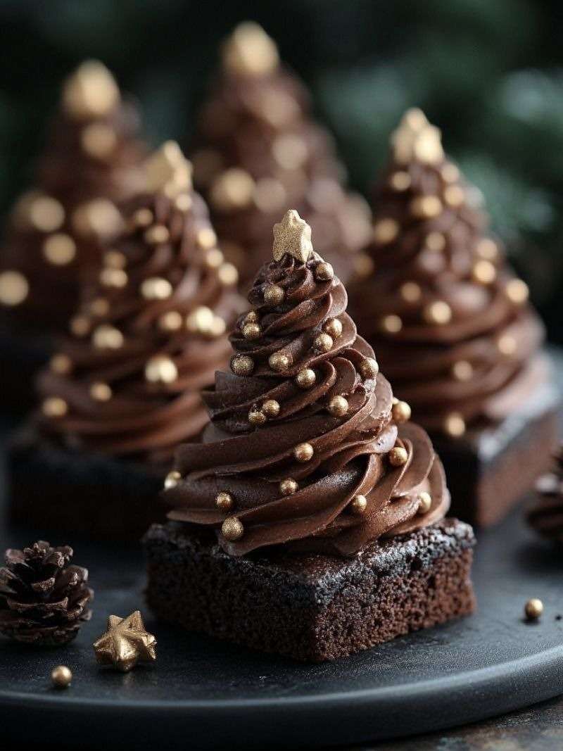 Brownies en forme de sapin de Noël décorés de glaçage et perles de sucre.