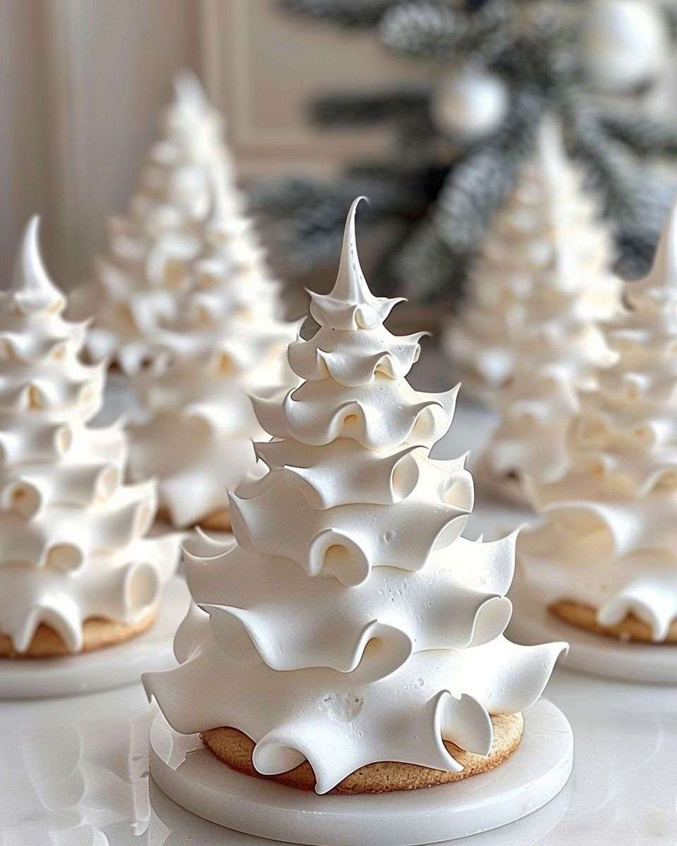 Sapins de meringue blancs dressés sur biscuits, décorés pour Noël.