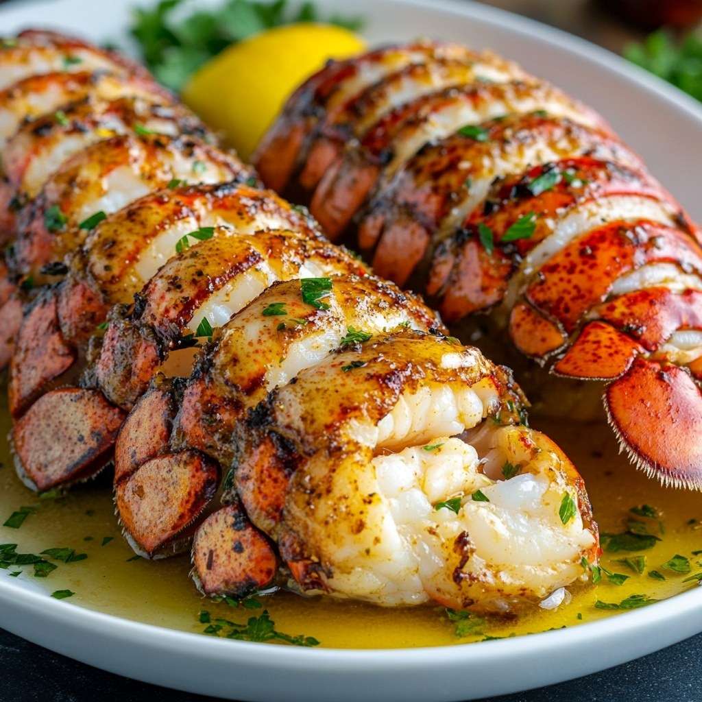 Queue de homard au beurre à l’ail servie avec persil frais sur assiette élégante.