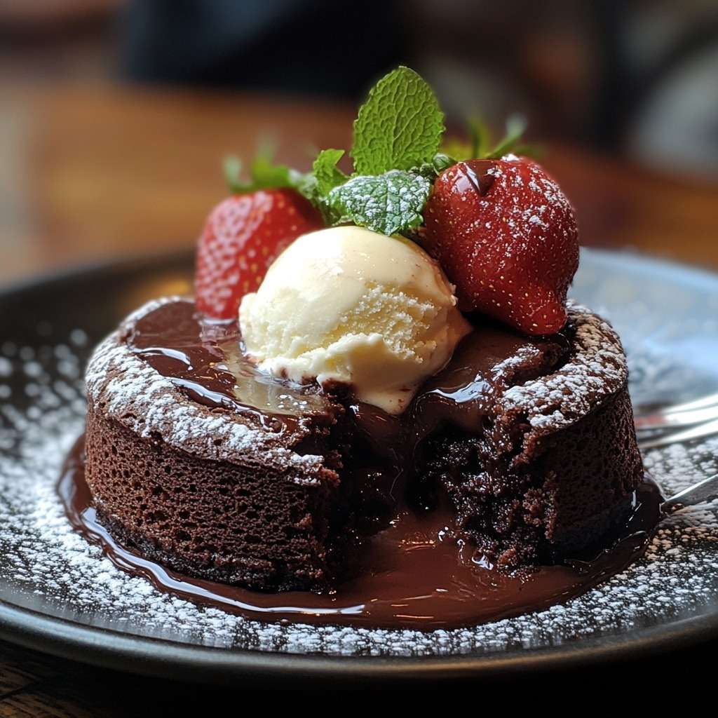 Fondant au chocolat individuel avec cœur coulant servi avec glace vanille.