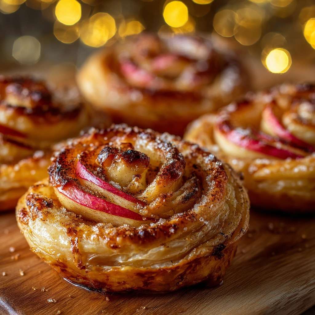 Roses feuilletées aux pommes dorées et saupoudrées de sucre glace sur assiette.