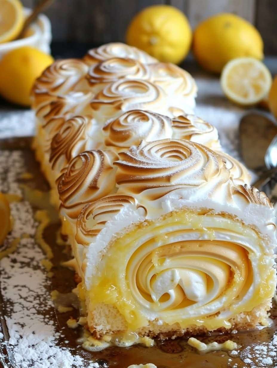 Bûche au citron meringuée dorée au chalumeau, roulée et garnie de crème au citron.
