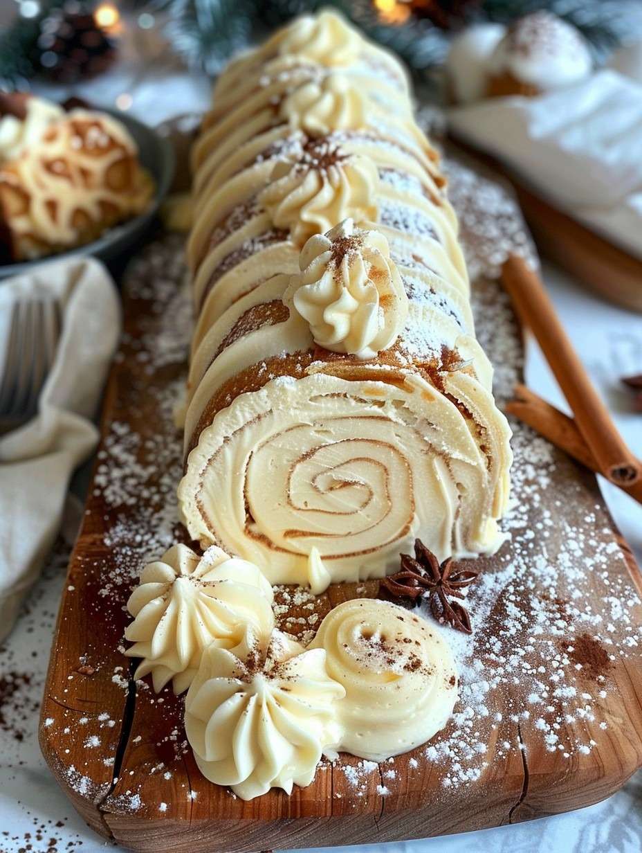 Bûche roulée au chocolat blanc garnie de framboises fraîches et décorée de sucre glace.