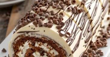 Bûche roulée au chocolat noir, décorée de framboises et copeaux de chocolat, sur fond festif de Noël.