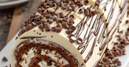 Bûche roulée au chocolat noir, décorée de framboises et copeaux de chocolat, sur fond festif de Noël.