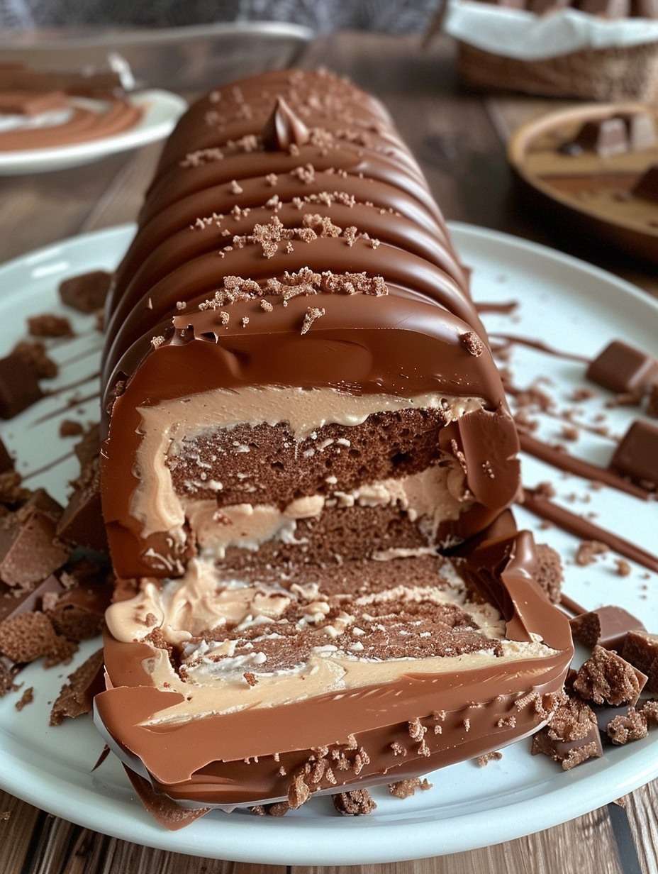 Bûche Kinder Bueno roulée au chocolat avec ganache crémeuse et décoration aux noisettes.