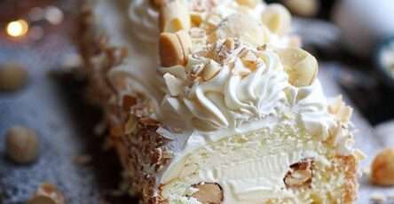 Bûche Raffaello Maison recouverte de noix de coco et garnie de chocolat blanc et d’amandes.