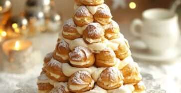 Sapin de Noël profiteroles monté en pyramide de choux garnis et décoré de chocolat et sucre glace.