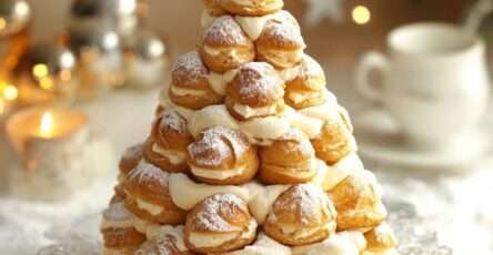 Sapin de Noël profiteroles monté en pyramide de choux garnis et décoré de chocolat et sucre glace.