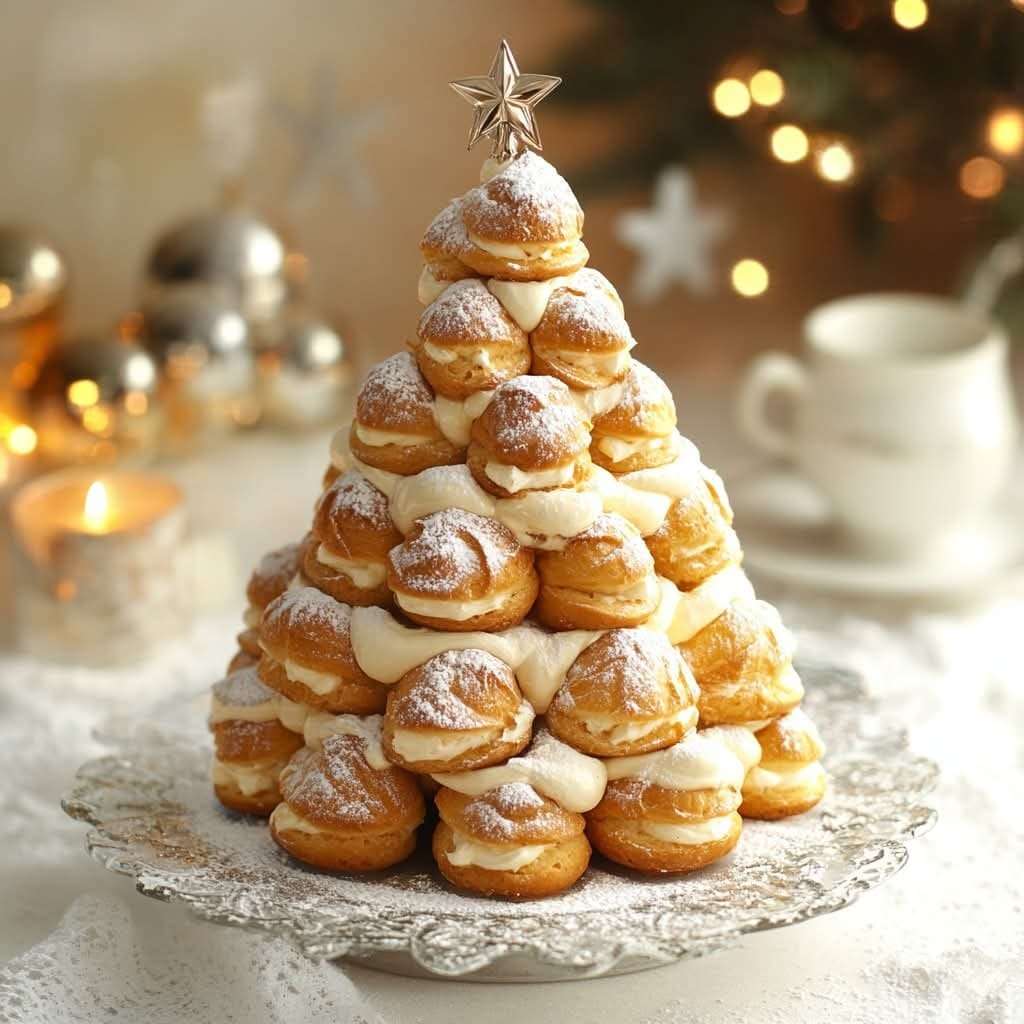 Sapin de Noël composé de choux garnis et superposés en pyramide, nappé de chocolat et saupoudré de sucre glace.