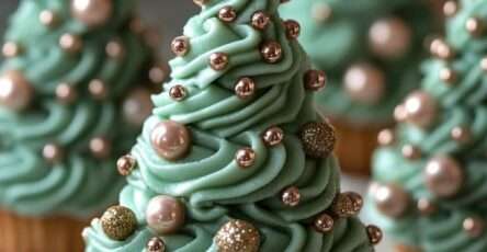 Cupcakes sapin de Noël décorés avec un glaçage vert en forme de sapin et des perles de sucre brillantes.