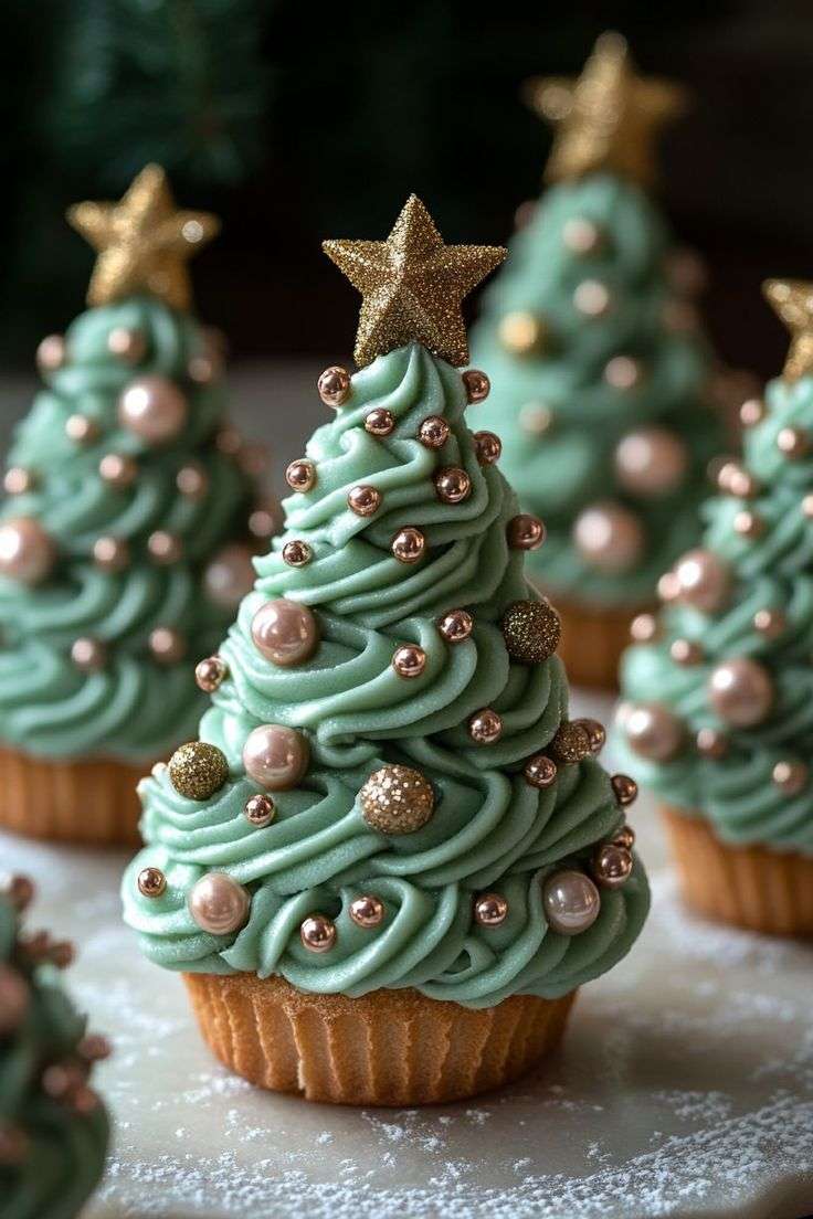 Cupcakes sapin de Noël décorés avec un glaçage vert en forme de sapin et des perles de sucre brillantes.