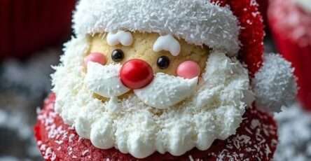 Cupcakes Père Noël décorés avec glaçage blanc, bonnet rouge et barbe en crème, recette Cupcakes Père Noël.