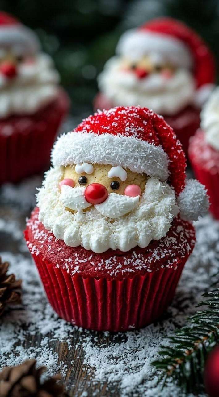 Cupcakes Père Noël décorés avec glaçage blanc, bonnet rouge et barbe en crème, recette Cupcakes Père Noël.