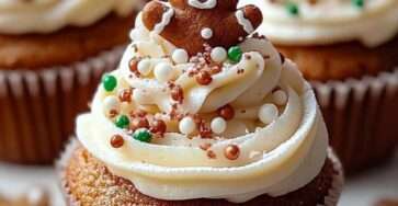 Cupcakes pain d’épices décorés avec un glaçage cream cheese et des décorations de Noël.