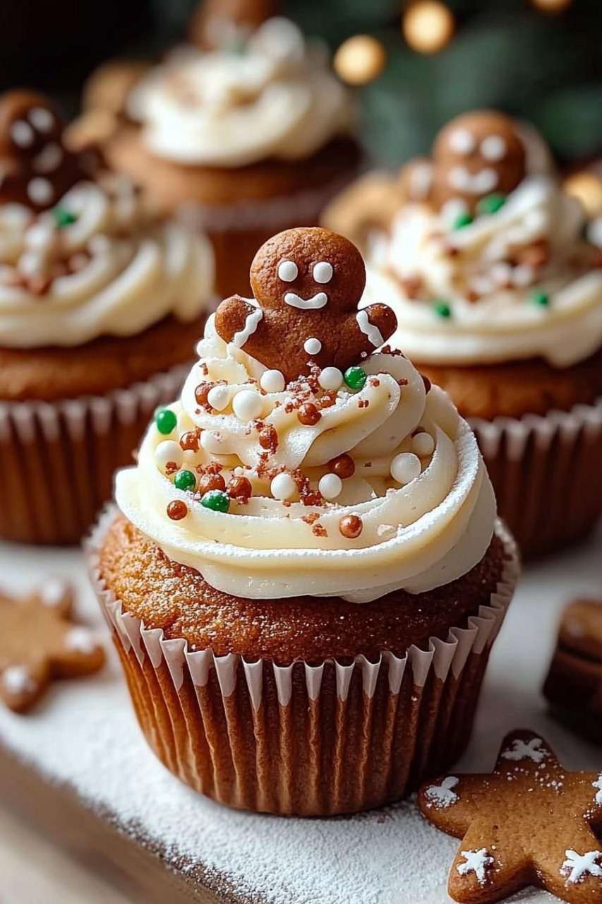 Cupcakes pain d’épices décorés avec un glaçage cream cheese et des décorations de Noël.