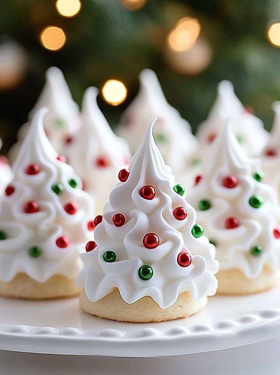 meringues de Noël en forme de sapins verts décorés