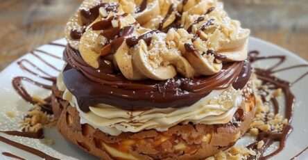 Paris-Brest chocolat noisette maison en couronne, garni de ganache au chocolat noir et noisettes sur plat de dessert élégant.