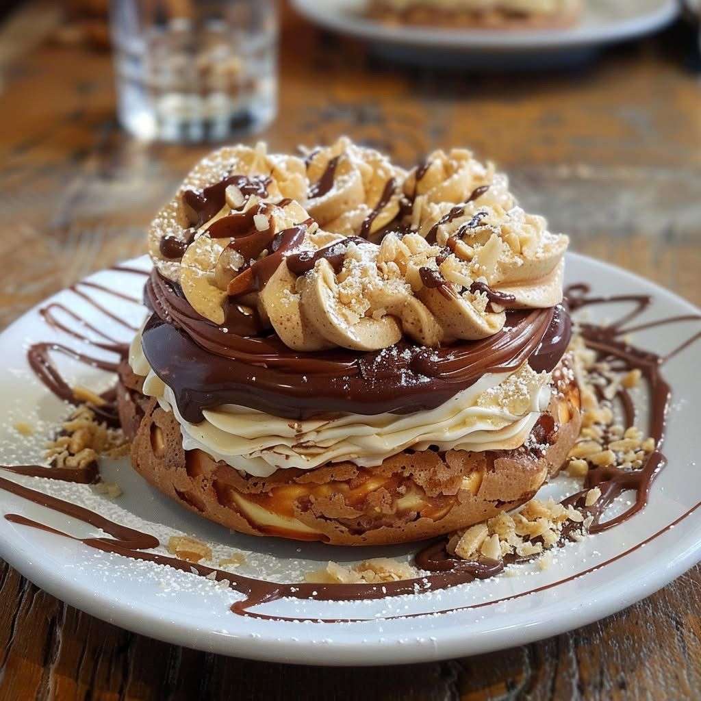 Paris-Brest chocolat noisette maison en couronne, garni de ganache au chocolat noir et noisettes sur plat de dessert élégant.