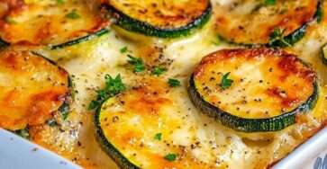 Gratin de courgettes au fromage allégé en sel doré au four, servi dans un plat familial avec persil frais en décoration.