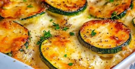 Gratin de courgettes au fromage allégé en sel doré au four, servi dans un plat familial avec persil frais en décoration.