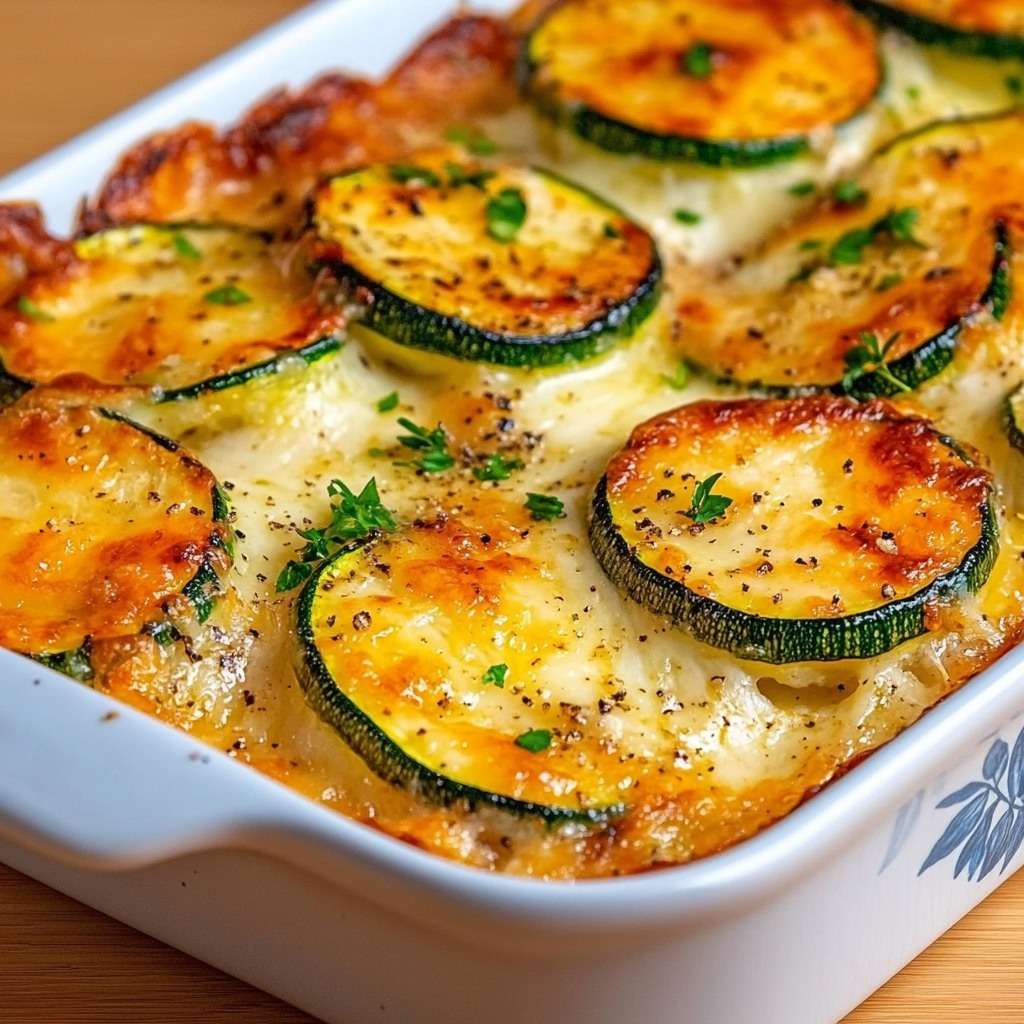 Gratin de courgettes au fromage allégé en sel doré au four, servi dans un plat familial avec persil frais en décoration.
