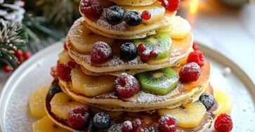 Pancakes sapin de Noël empilés avec fruits rouges et bananes, décorés de sucre glace et d’une étoile au sommet sur une assiette de fête.