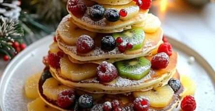 Pancakes sapin de Noël empilés avec fruits rouges et bananes, décorés de sucre glace et d’une étoile au sommet sur une assiette de fête.
