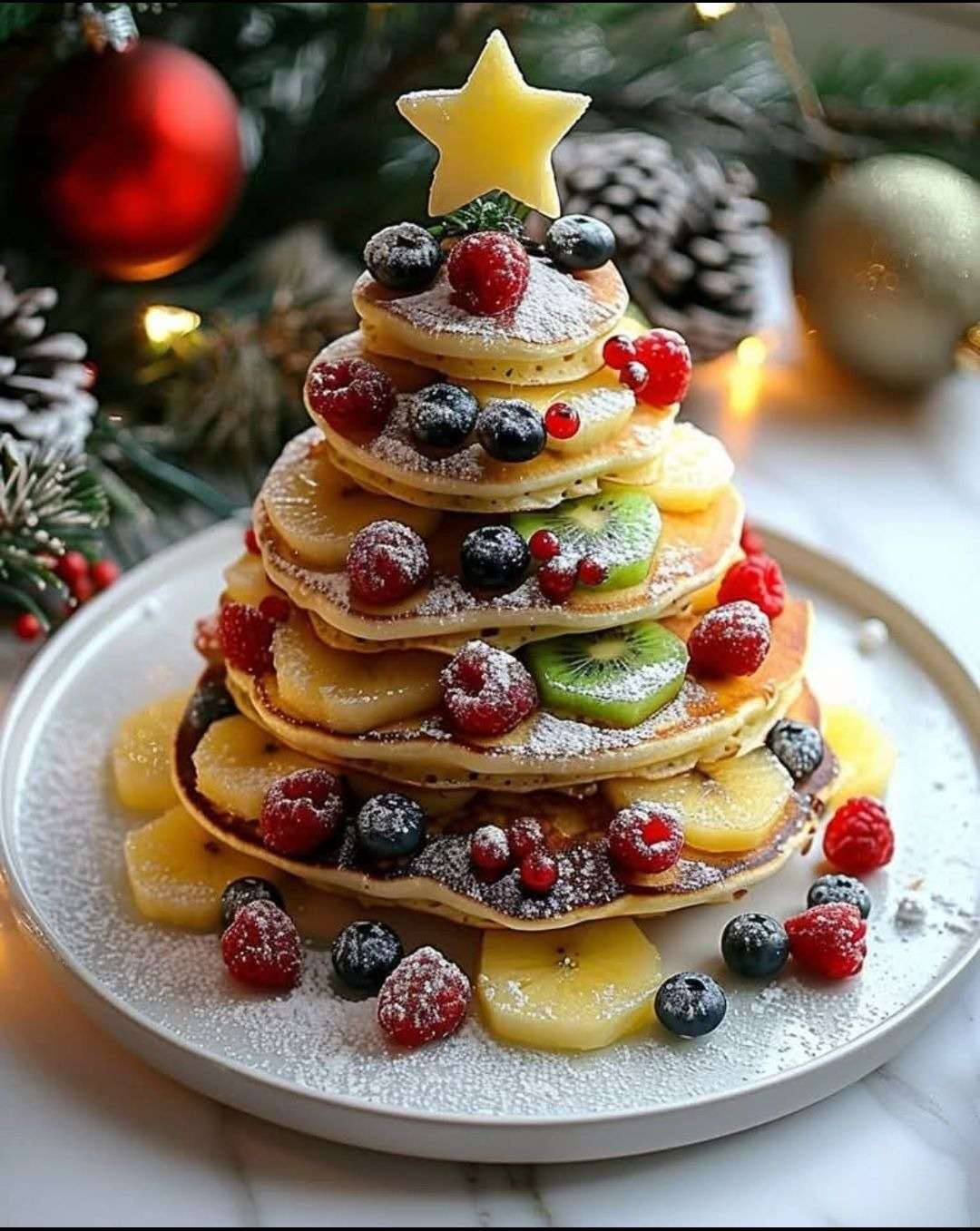 Pancakes sapin de Noël empilés avec fruits rouges et bananes, décorés de sucre glace et d’une étoile au sommet sur une assiette de fête.