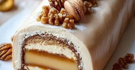 Bûche vanille caramel aux noix décorée de macarons, noix de pécan et sucre glace, présentée sur un plat de fête pour un dessert de Noël gourmand.