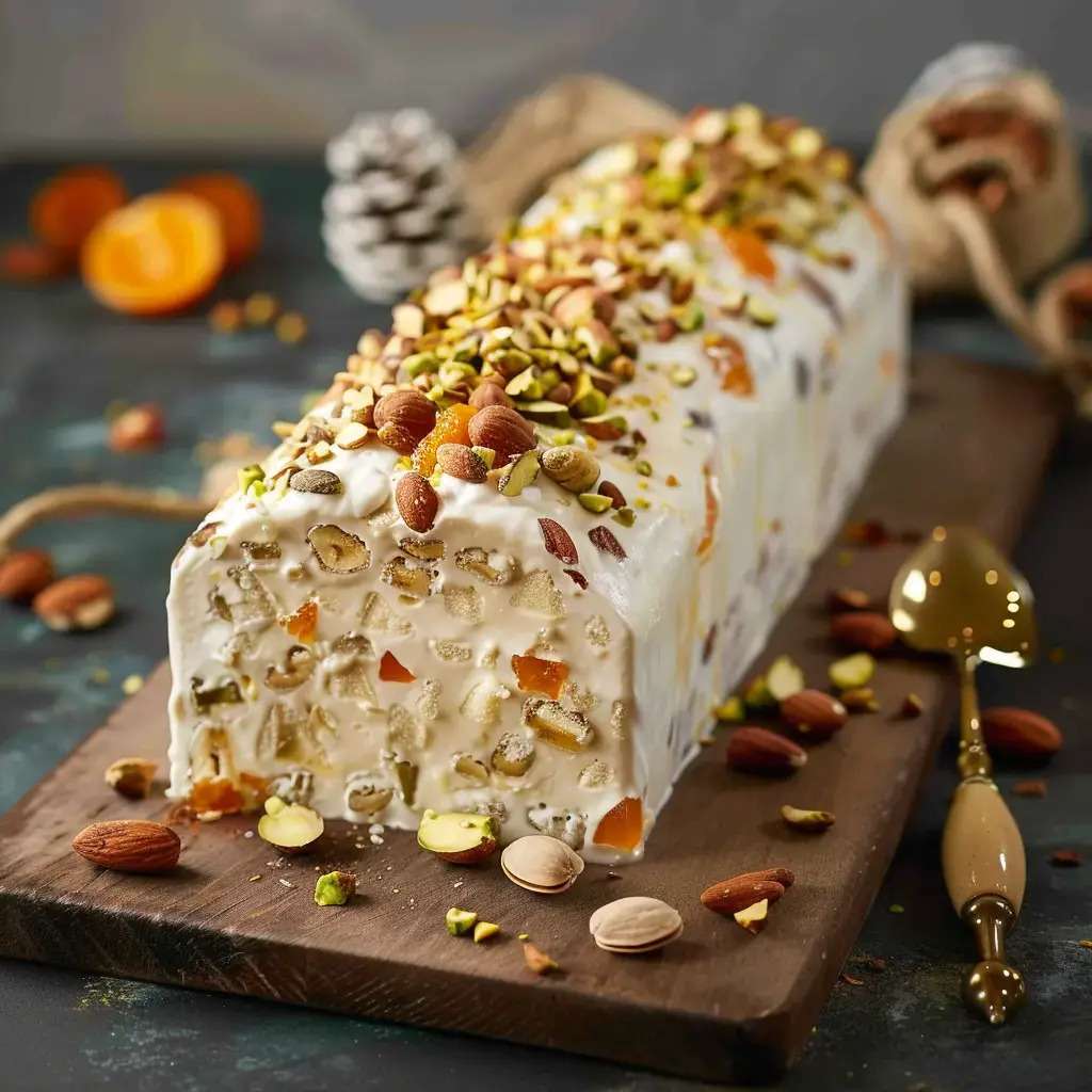 Tranche de nougat glacé maison aux fruits secs, parsemée d’amandes caramélisées, pistaches et abricots, servie avec un coulis de fruits rouges sur une assiette de fête.