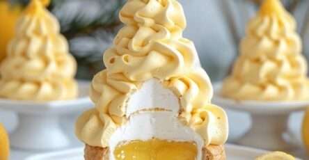 Choux à la crème de citron glacés, enrobés de chocolat blanc jaune, posés sur une base de biscuit croustillant et dressés sur un plat de dessert élégant.