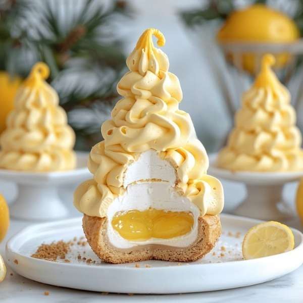 Choux à la crème de citron glacés, enrobés de chocolat blanc jaune, posés sur une base de biscuit croustillant et dressés sur un plat de dessert élégant.